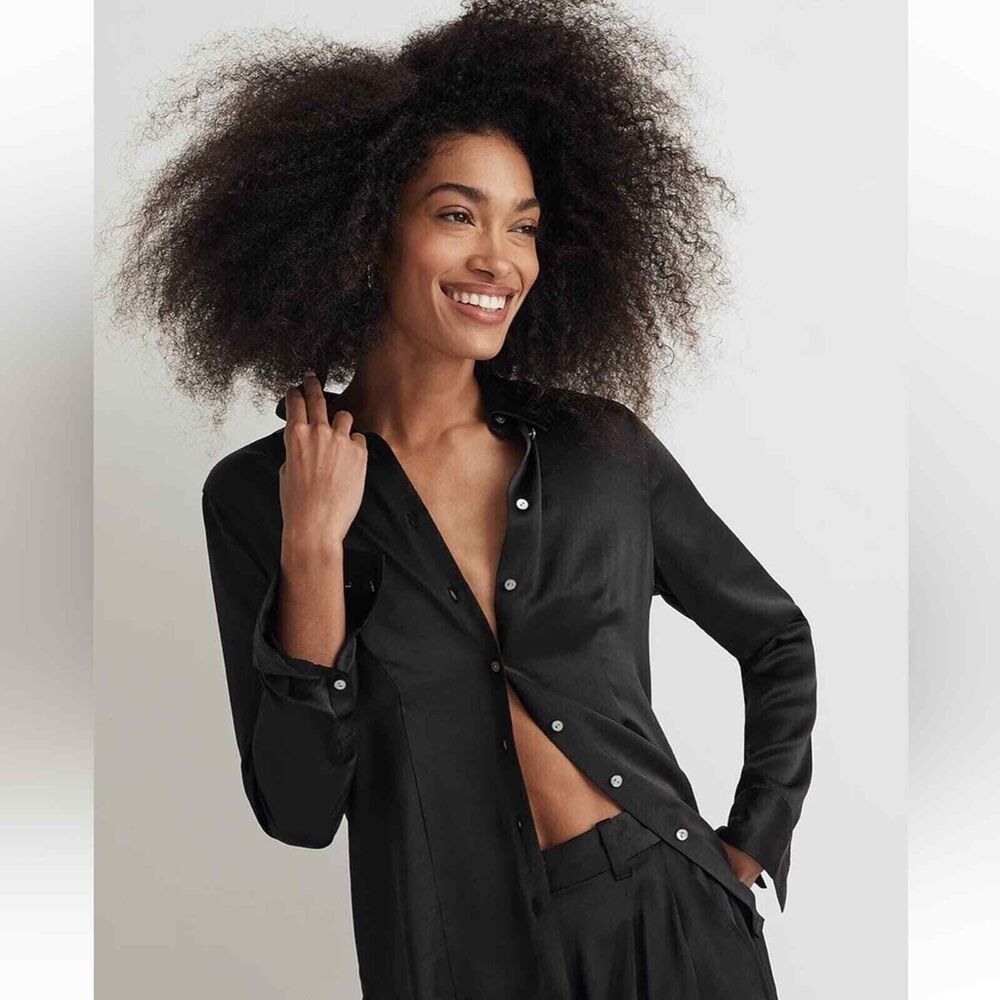 MADEWELL Darted Button Up Shirt Satin Size 4 True Black Collared Top NWT B13